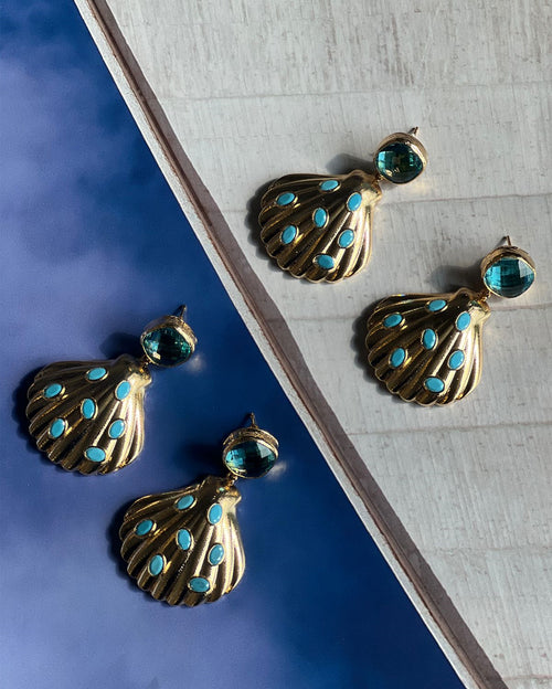 Gold Plated Turqoise-Encrusted Shell Earrings