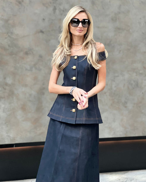 Golden Button Off Shoulder Denim Top And Midi Skirt Set