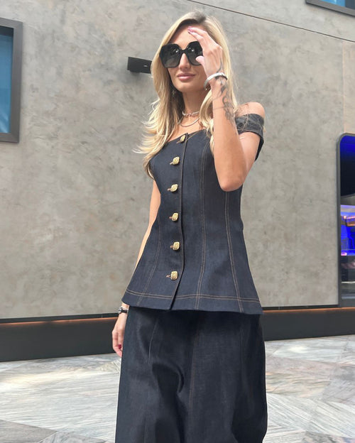 Golden Button Off Shoulder Denim Top And Midi Skirt Set