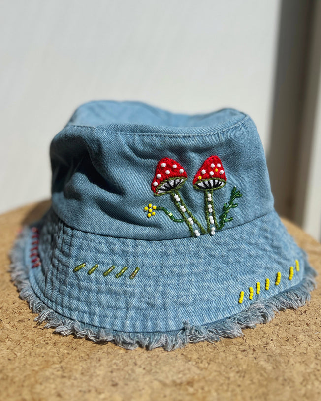 Good Vibes Mushroom Denim Bucket Hat