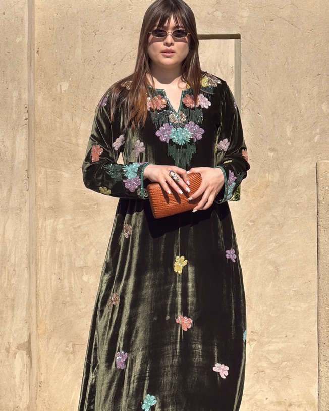 Green Velvet Round Neck with V-Slit Cutdana Hand Emb Floral Jhaal around the Neckline & Flower Buttas All Over Jalabiya