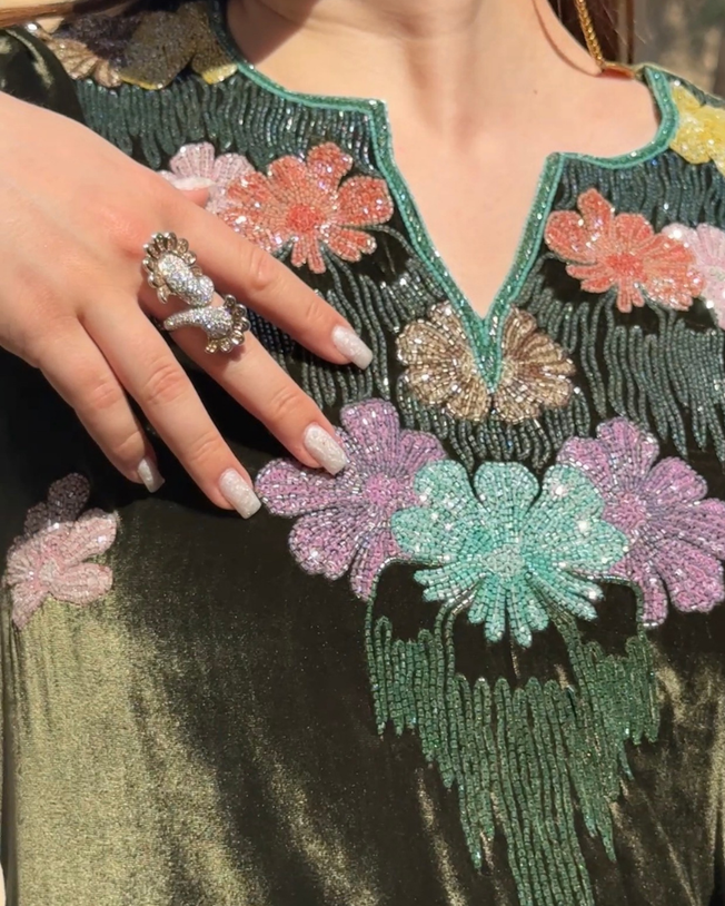 Green Velvet Round Neck with V-Slit Cutdana Hand Emb Floral Jhaal around the Neckline & Flower Buttas All Over Jalabiya