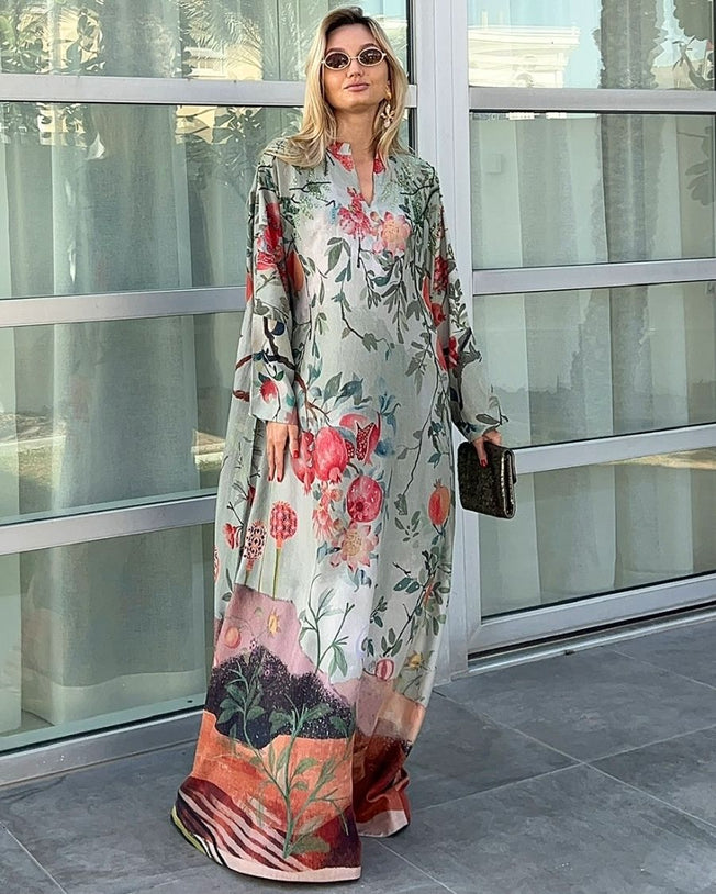 Green HT Silk Mandarin Collar with V-Slit and Bead & Sequin Hand Emb Loose Style Caftan with Sleeves Jalabiya Fruit Field Digi-Print