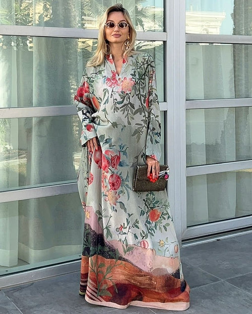 Green HT Silk Mandarin Collar with V-Slit and Bead & Sequin Hand Emb Loose Style Caftan with Sleeves Jalabiya Fruit Field Digi-Print