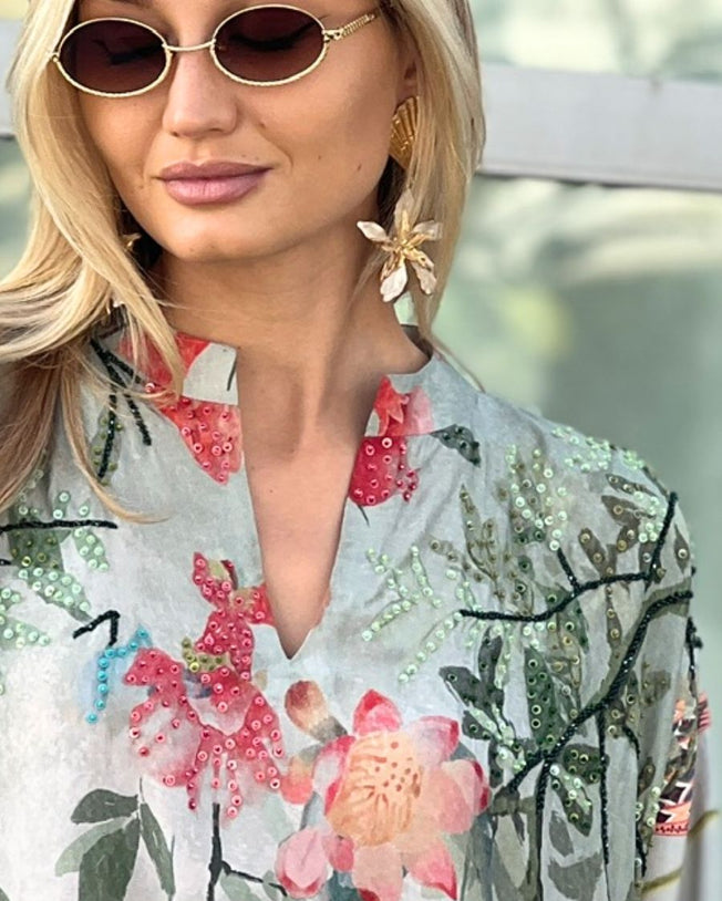 Green HT Silk Mandarin Collar with V-Slit and Bead & Sequin Hand Emb Loose Style Caftan with Sleeves Jalabiya Fruit Field Digi-Print