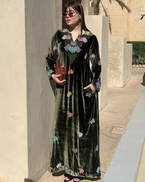 Green Velvet Round Neck with V-Slit Cutdana Hand Emb Floral Jhaal around the Neckline & Flower Buttas All Over Jalabiya