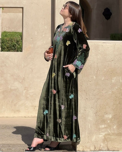 Green Velvet Round Neck with V-Slit Cutdana Hand Emb Floral Jhaal around the Neckline & Flower Buttas All Over Jalabiya