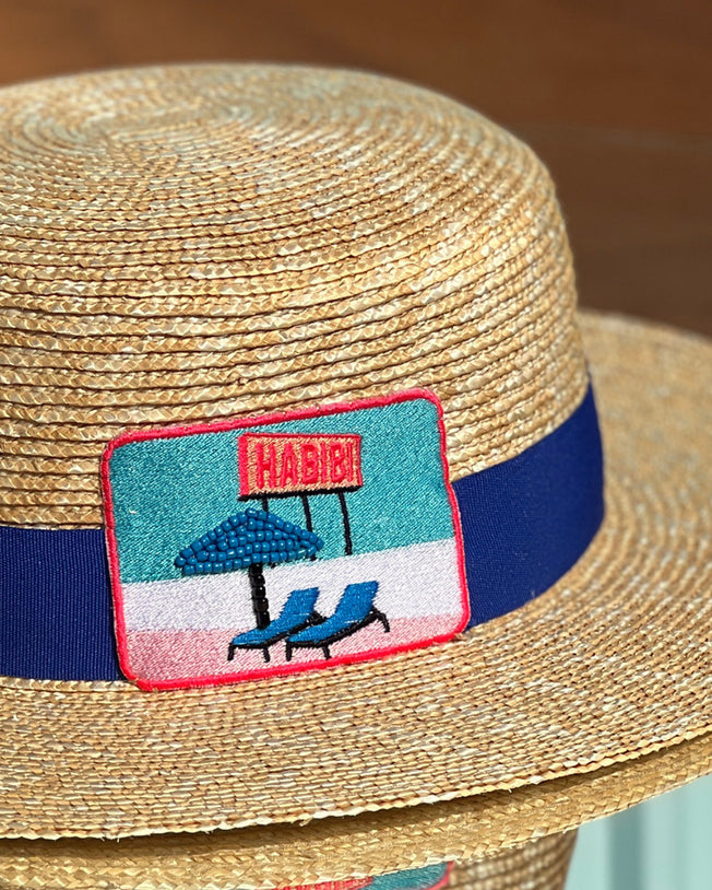 Habibi Post Card Hats with Navy Blue Ribbon