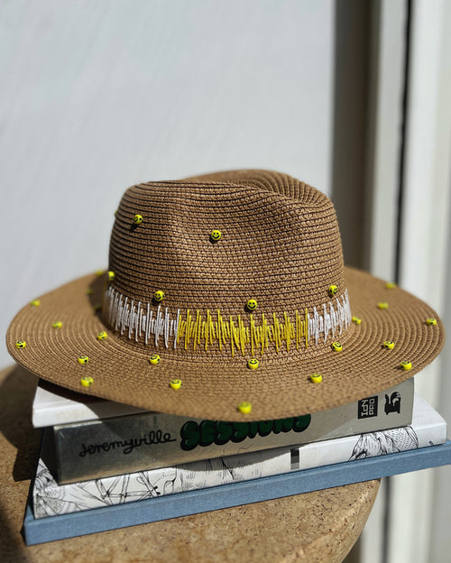 Hand-Beaded Smiley Emoji Panama Hat