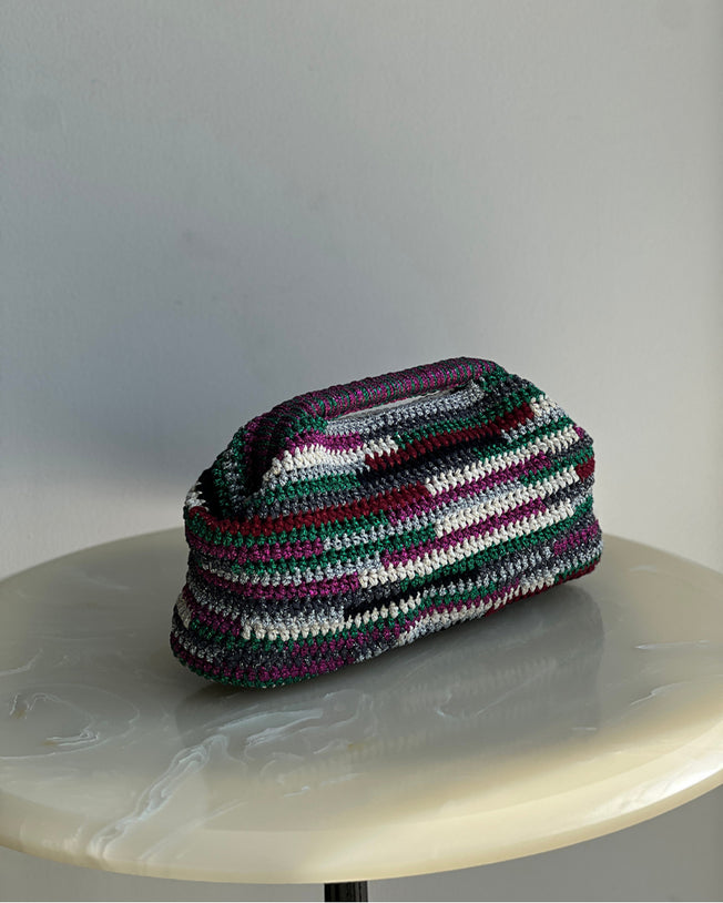Hand-Crocheted Recta Cotton Bag in Fuchsia Green White & Red