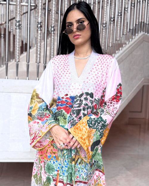 Hand-beaded Flower Garden Pure Silk Caftan
