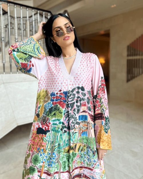 Hand-beaded Flower Garden Pure Silk Caftan