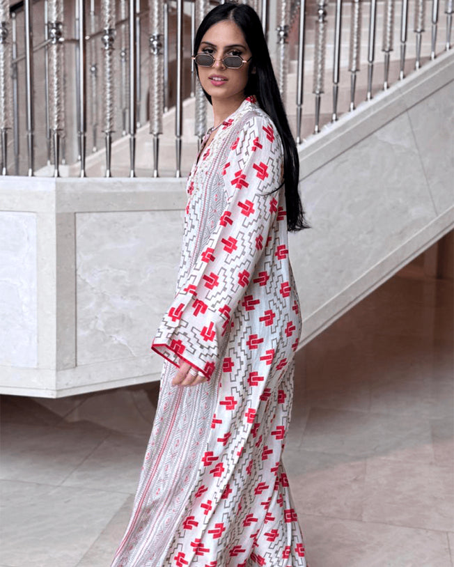 Hand-beaded Galactic Geometry Pure Silk Caftan