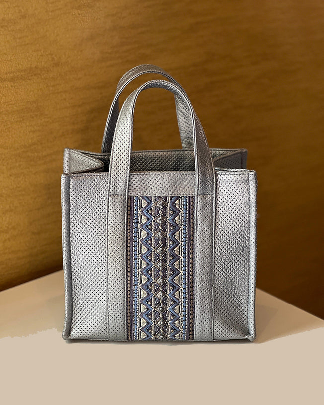 Limited-Edition Mini Leather Tote Bag With Silver Hand Embroidry