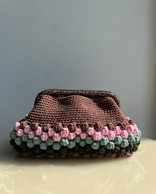 Hand-Crocheted Woven Metallic Popcorn Clutch Bag in Brown Pink Green