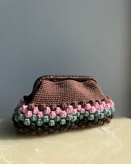 Hand-Crocheted Woven Metallic Popcorn Clutch Bag in Brown Pink Green