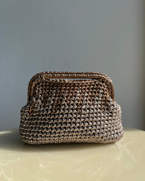 Handmade Woven Open Handle Rectangular Basket Bag in Bronze and Champagne