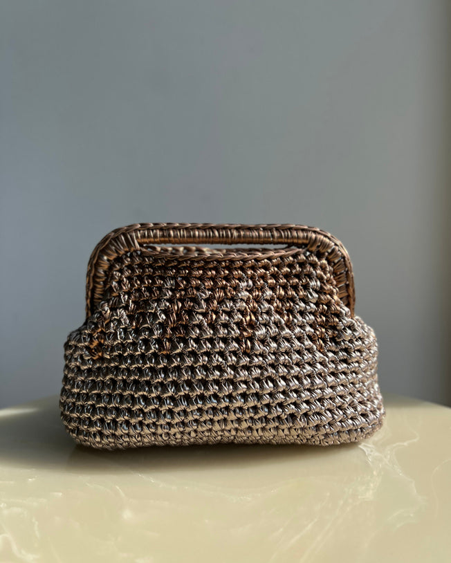 Handmade Woven Open Handle Rectangular Basket Bag in Bronze and Champagne