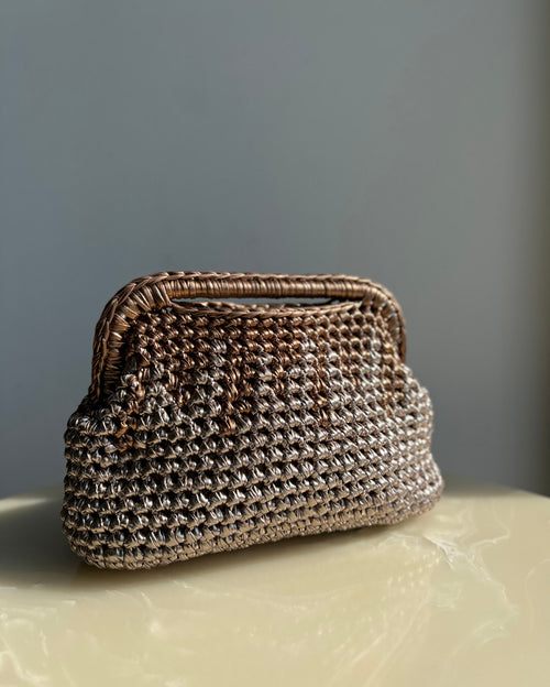 Handmade Woven Open Handle Rectangular Basket Bag in Bronze and Champagne