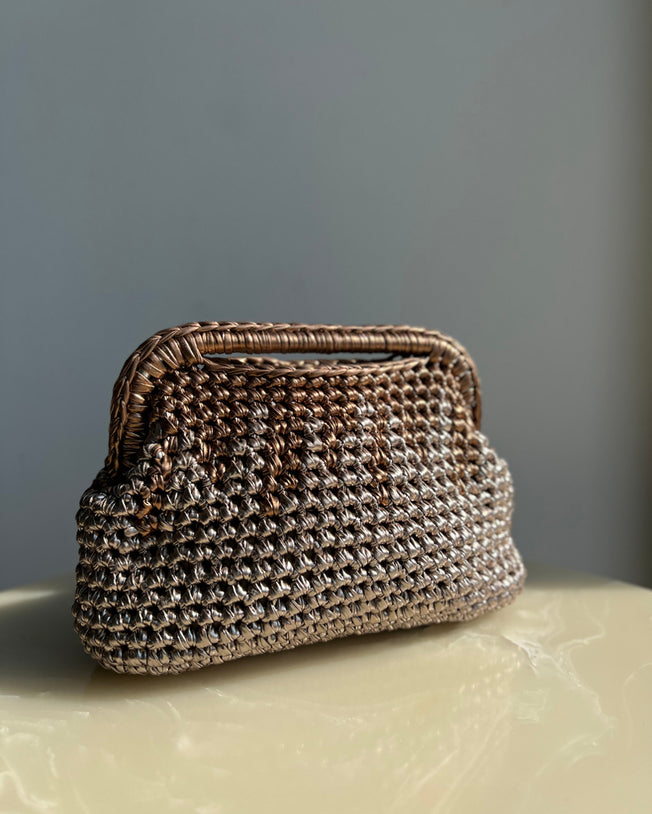 Handmade Woven Open Handle Rectangular Basket Bag in Bronze and Champagne