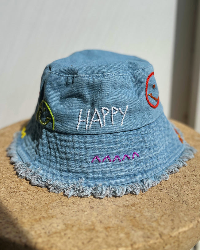 Happy Smiley Faces Denim Bucket Hat