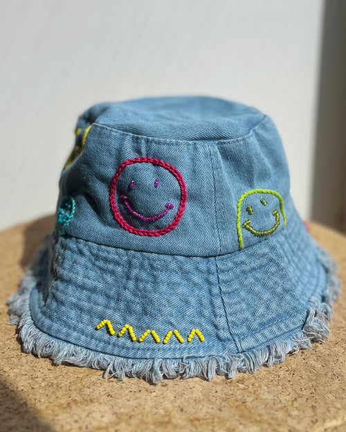 Happy Smiley Faces Denim Bucket Hat