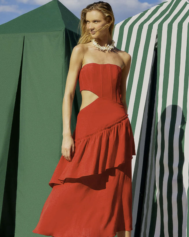 Red Cut Out Strapless Midi Dress