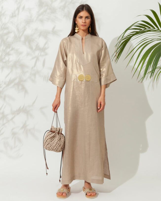 Helios Golden Long Kaftan with Golden Buckles Linen