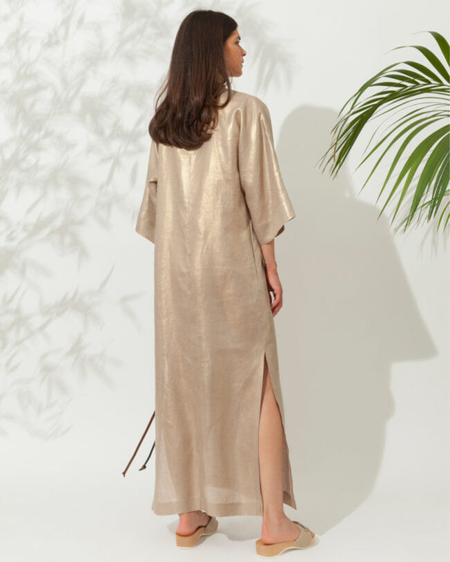 Helios Golden Long Kaftan with Golden Buckles Linen