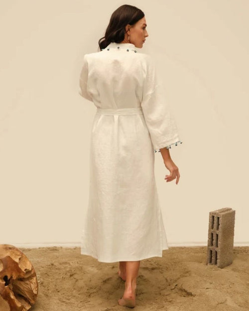 Hyacinth White Long Kaftan with Hand Crocheted Oya Details