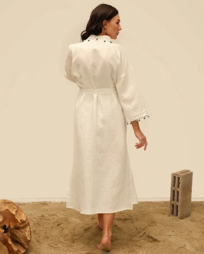 Hyacinth White Long Kaftan with Hand Crocheted Oya Details