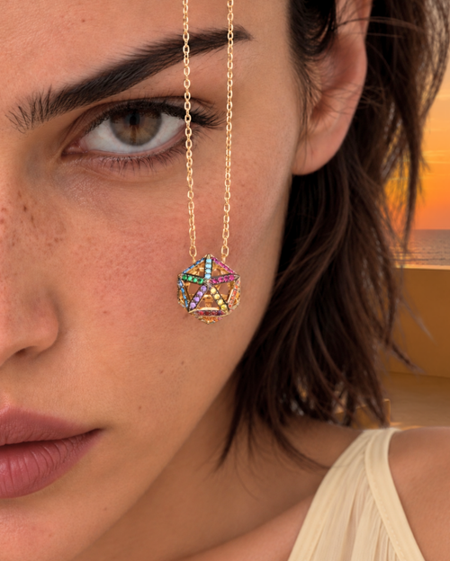 Rainbow Hollow Icosagon Pendant in 18K YG & Multi-Stones on a 81cm YG Chain