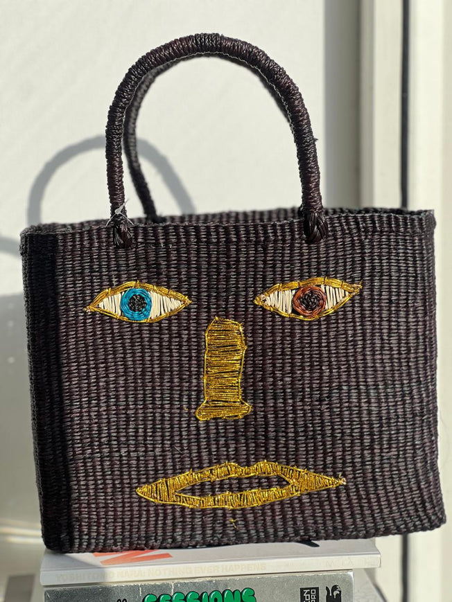 Art Deco Face Straw Basket Bag - Black