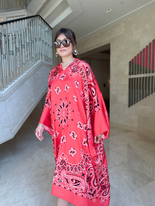 Silk Bandana Print Caftan - Red