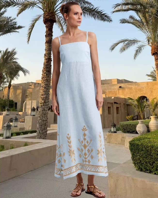 IOS Straps Gathering Linen Embroidered Maxi Dress - Ciel Gold
