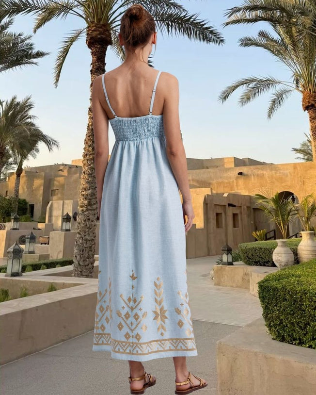 IOS Straps Gathering Linen Embroidered Maxi Dress - Ciel Gold