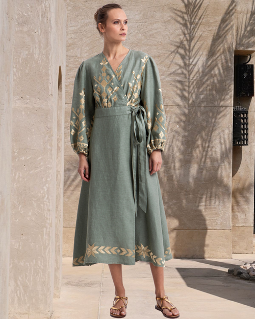 IOS Wrap Long-Sleeved Linen Maxi Dress - Sage Gold