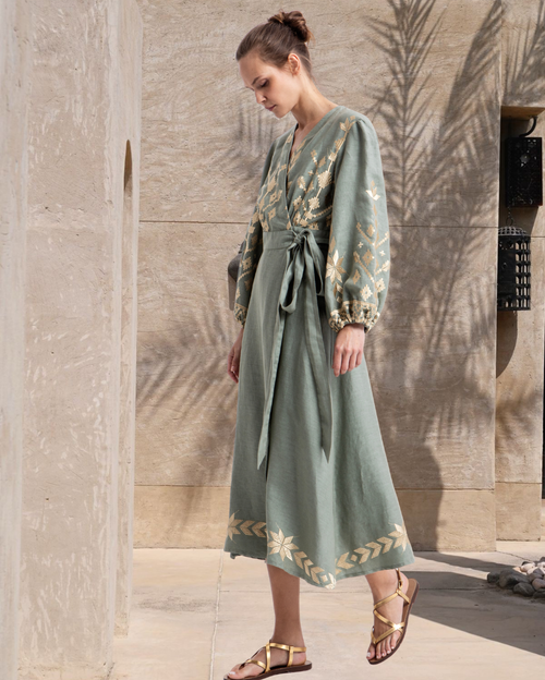 IOS Wrap Long-Sleeved Linen Maxi Dress - Sage Gold