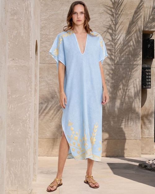 IOS Deep V-Neck Embroidered Linen Maxi Kaftan Dress - Ciel Gold