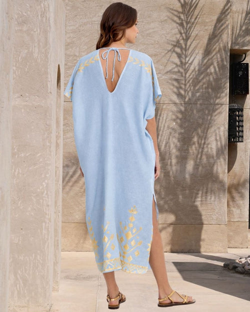 IOS Deep V-Neck Embroidered Linen Maxi Kaftan Dress - Ciel Gold