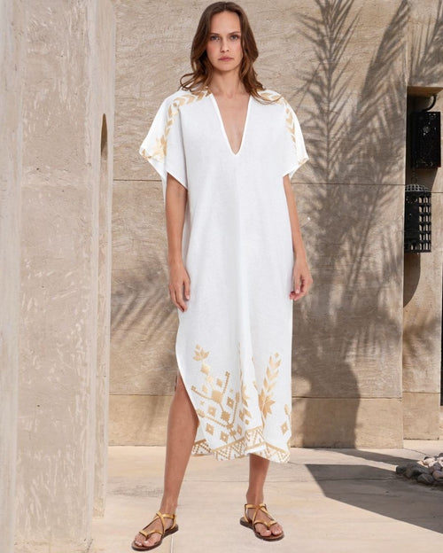 IOS Deep V-Neck Embroidered Linen Maxi Kaftan Dress - Natural Gold