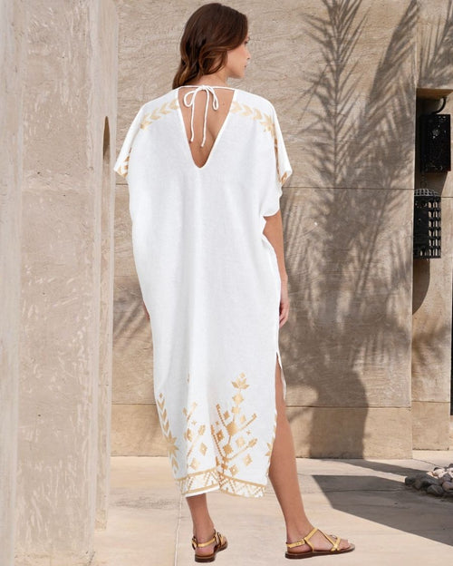 IOS Deep V-Neck Embroidered Linen Maxi Kaftan Dress - Natural Gold