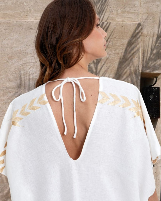IOS Deep V-Neck Embroidered Linen Maxi Kaftan Dress - Natural Gold