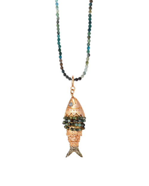 Inara Green and Silver Short Necklace with Dressed Loulous Fish Pendant in Turquoise