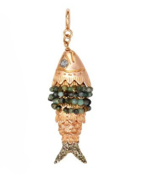 Inara Green and Silver Short Necklace with Dressed Loulous Fish Pendant in Turquoise