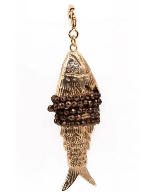Inara Hematite Chain Necklace with Les Loulous Semi Precious Stone Fish Pendant - Brown