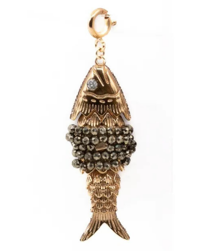 Inara Hematite Chain Necklace with Les Loulous Semi Precious Stone Fish Pendant - Pyrite