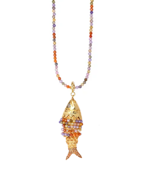 Inara Short Multi Color Semi Precious Stone Necklace with Dressed Loulous Fish Pendant in Multicolor Semi Precious Stone