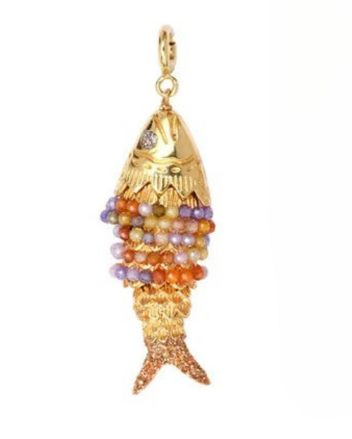 Inara Short Multi Color Semi Precious Stone Necklace with Dressed Loulous Fish Pendant in Multicolor Semi Precious Stone