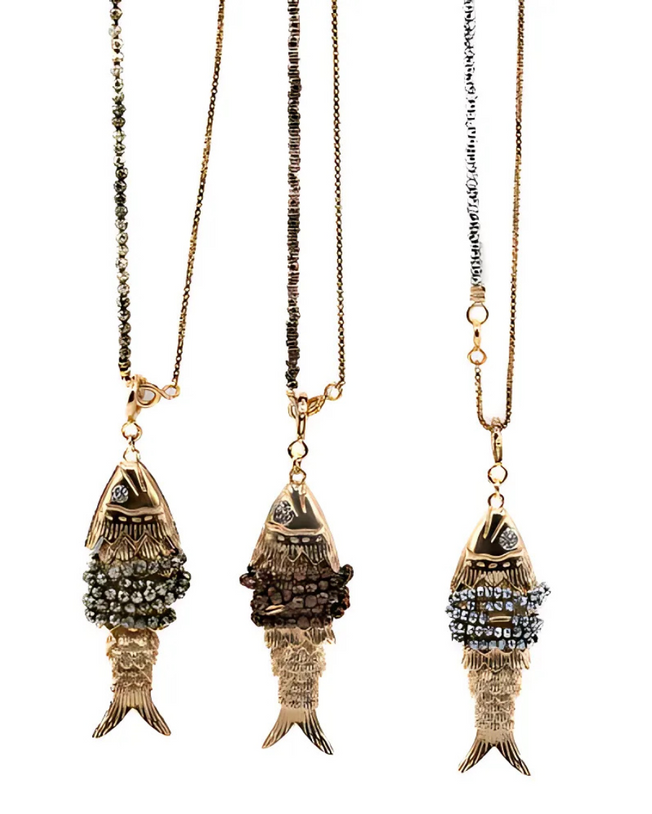 Inara Hematite Chain Necklace with Les Loulous Semi Precious Stone Fish Pendant - Pyrite
